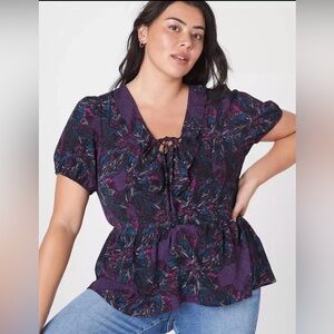 Lane Bryant Peplum Short Puff Sleeve Lace Up Blouse Size 18 New